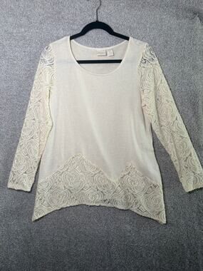 Chico's 1 Ivory Floral Lace Tunic Sweater Boho Cottagecore